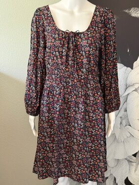 *NEW* LOFT Outlet Navy Floral Print Smocked Waist Balloon Sleeve Dress Size L